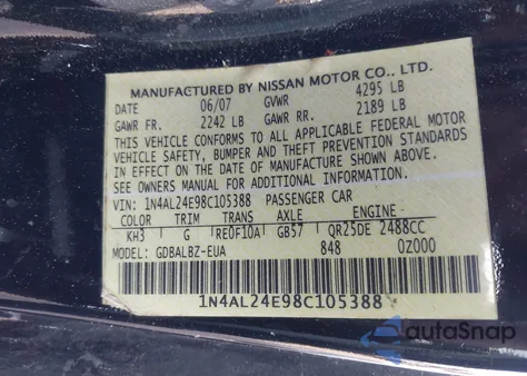 2008 Nissan Altima 2.5 S z USA, uszkodzony, nr VIN 1N4AL24E98C105388